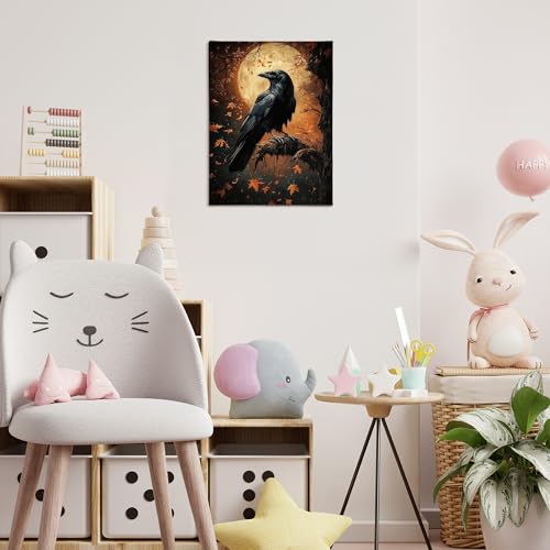 Fall Gothic Raven Wall Art - Crow Canvas Print, Framed Halloween Decor 11x14