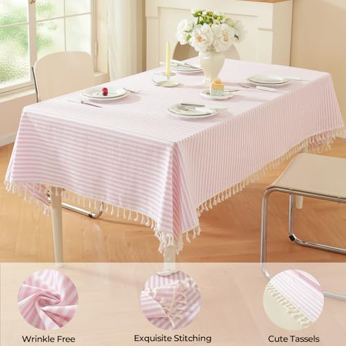 Pink Rectangular Tablecloth 55 x 70 Inch Cotton Blend Boho Picnic Decor with Tassels