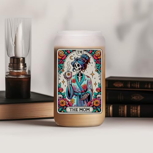 16oz Frosted Glass Iced Coffee Cup with Lid and Straw - Skeleton Mom Design