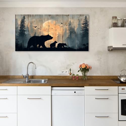 48 Inch Rustic Bear Wall Art - Farmhouse Forest Canvas Painting, Black Beers Variation
