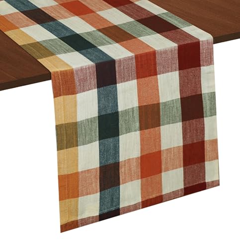 Harvest Plaid Cotton Table Runner - Rust Ivory Multi, 13x72 inches