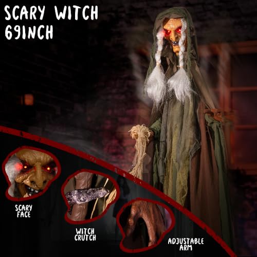 Animated 69-Inch Talking Witch Halloween Prop with Sound & Light-Up Eyes