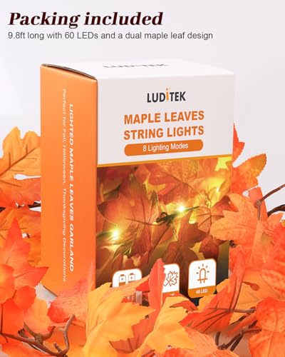 9.8FT Fall Garland with 60 LED Lights - Battery Operated Maple Leaves, 8 Modes Indoor Outdoor Decor
