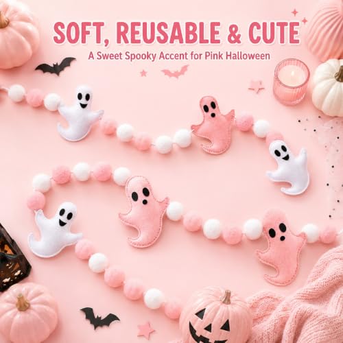Pink Halloween Garland with Ghost and Pumpkin Decorations - 8.2 Ft Felt Mantel Decor