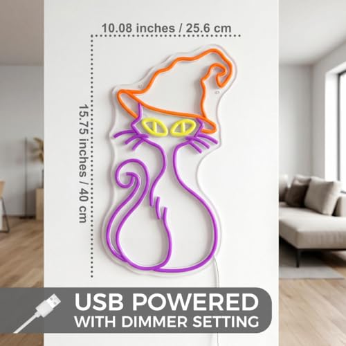 Witch Cat Neon Sign Wall Decor - 15.75x10.08 Inch LED Halloween Light with Dimmer