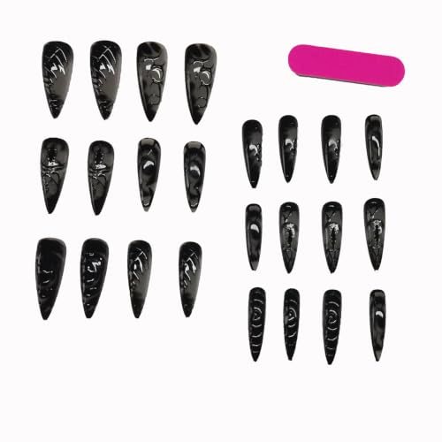 Halloween Black Press On Nails Long Stiletto A59 - Gothic Swirl Abstract Fake Nails Set