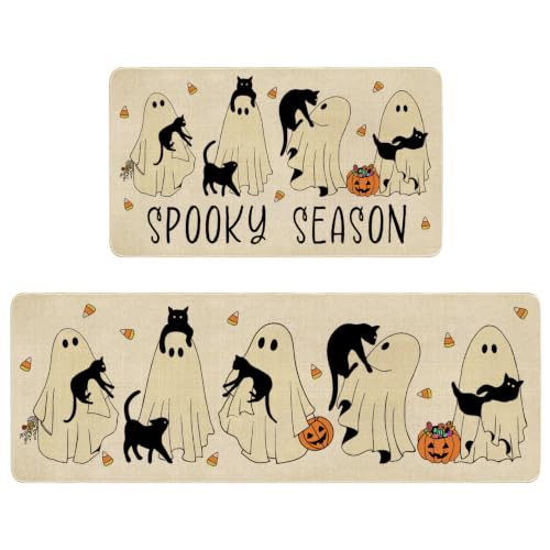 Ghost Black Cat Halloween Kitchen Rugs Set of 2 - Spooky Season Non-Skid Washable Mats