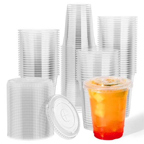 Clear 12oz Plastic Cups with Lids - 500 Pack, Disposable PET Cups for Cold Drinks