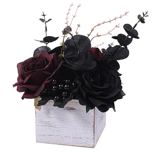 Halloween Gothic Black and Dark Red Flowers with Wooden Box - Artificial Floral Centerpiece