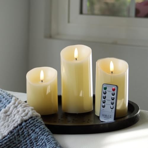 Rechargeable Flameless Candles Set of 3 with Remote & Timer - Real Wax LED Pillar Candles for Holiday & Home Decor