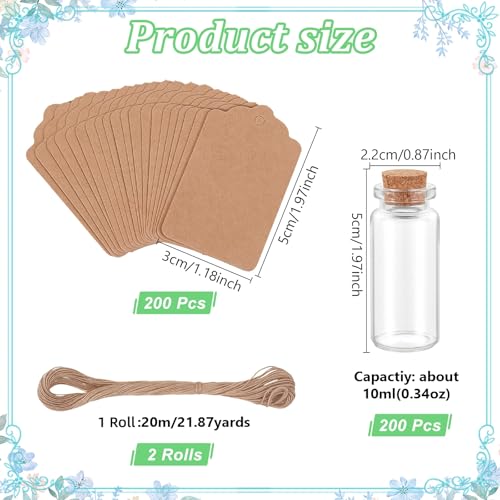 200 Pcs 10ml Glass Bottles with Cork, Labels & String - DIY & Decor