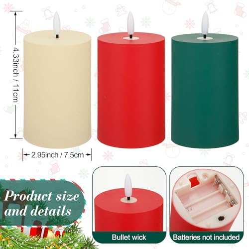 LED Flameless Candles Set - 6 Pieces, Battery Operated, 4.3 Inches Tall, for Weddings & Holidays (Green, Red, Ivory)