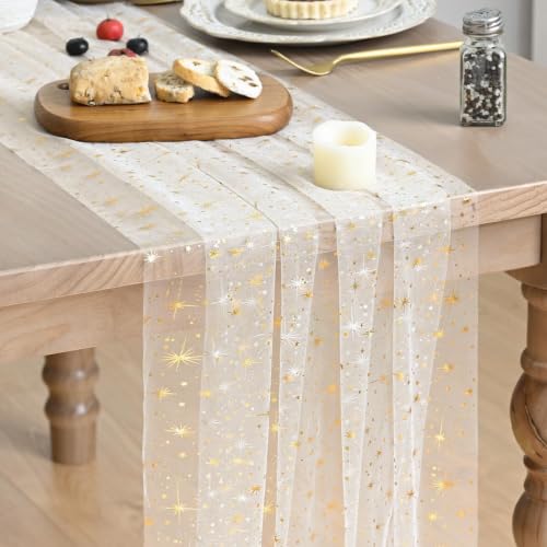 28x120 Inch Beige Gold Gauze Table Runner - Reversible Glitter Sheer Dining Decor