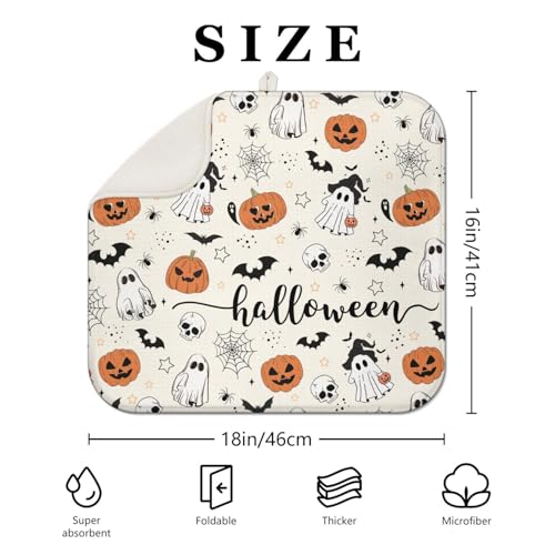 Halloween Dish Drying Mat for Kitchen Counter - Happy Halloween 16x18 Inch Pumpkin Skull Ghost Pattern Microfiber Absorbent Drain Pad