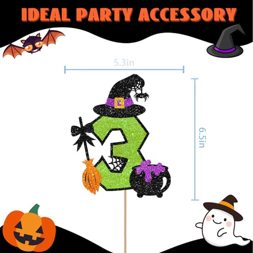 Halloween Witch Cake Topper - 3rd Birthday Glitter Decoration with Cauldron - Green, Variation 3