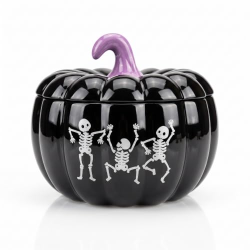 Bone Dance Cookie Jar - Halloween Black Pumpkin & Skeleton Treat Container