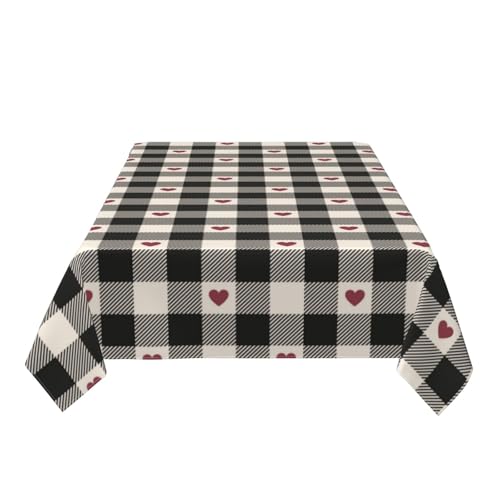 BETGINY Checkered Valentine Tablecloth 60x104 Inch Black & Red Heart Pattern