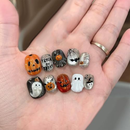 Halloween Press On Nails Short Oval Fake Nails with Spider Web Pumpkin Bat Ghost Design - Variation Halloween-13 - 24 pcs
