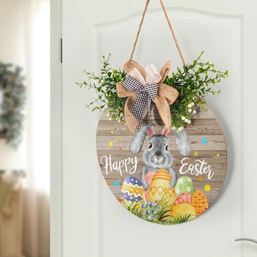 Easter Wooden Hanging Sign Welcome Wreath for Front Door - Happy Easter 12x12in - Rustic Bunny & Egg Decor - Variation: Happy Easter06