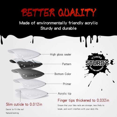 Halloween Press On Nails Kit Medium Stiletto Skeleton Vampire Black Fake Nails WSJ-2024-001
