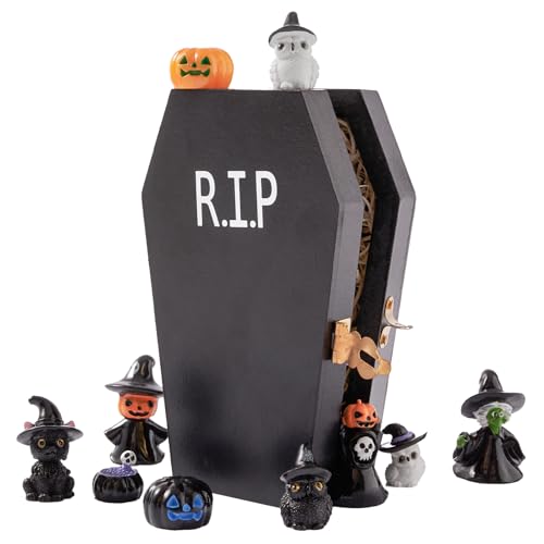 Halloween Miniature Figurines Set - Coffin & Witch Owl Skeleton Pumpkin Decor - Variation of Hat & Witch & Owl