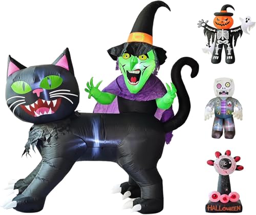 8ft Halloween Inflatable Witch Riding Black Cat Yard Decor with LED Lights