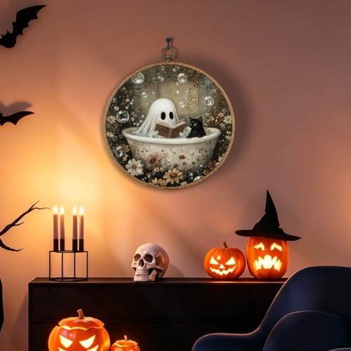 Halloween Bathroom Ghost Cat Wall Art - Round 10x10 Inches, Ghost Cat Halloween Decor - Variation 2