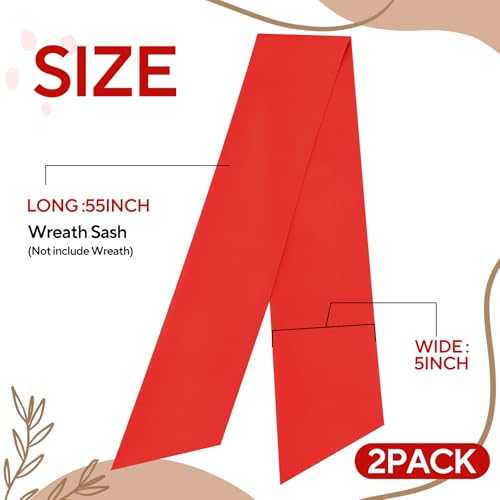 Red Wreath Sash for Front Door - 2 Pack Linen Ribbon Bow for Decor & Events - Variation: Red