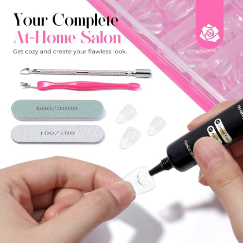 Gel Nail Tips Kit with Strong Nail Glue and Tools - Short Almond Design, 216 Pieces