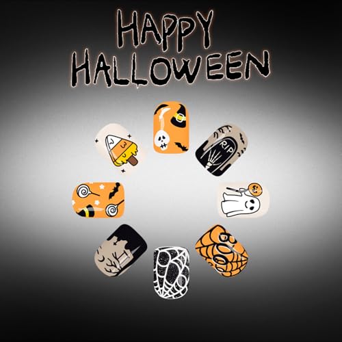 Halloween Press On Nails Short Square Fake Nails with Pumpkin Ghost Spider Web Design - Nails-261 - 24 Pcs