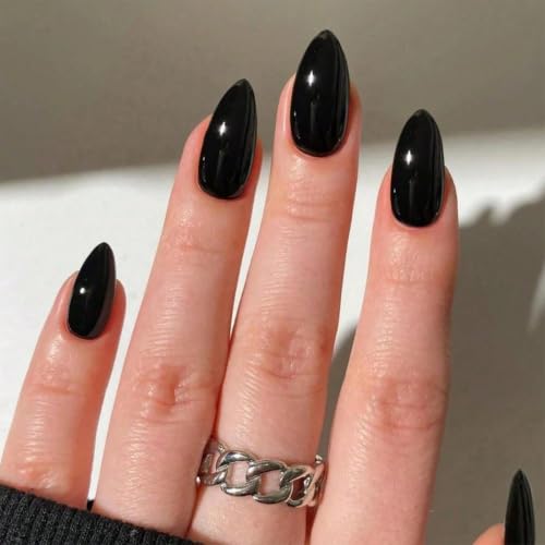 Solid Black Short Almond Press On Nails - Minimalist Reusable Fake Nails for Women