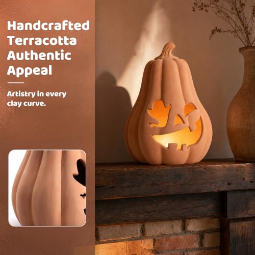 Set of 2 Terracotta Halloween Pumpkins with LED Lights - Indoor & Outdoor Decor