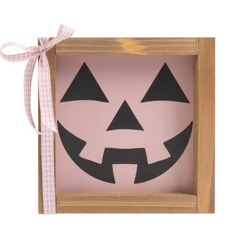 Pink Halloween Decor Pumpkin Face Sign - Pink Face Variation, Rustic Wood Home Table Wall Shelf Decor