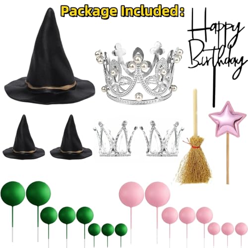 Witch Cake Topper Set with Hats Crowns Brooms & Ball Decorations for Halloween & Birthday Parties