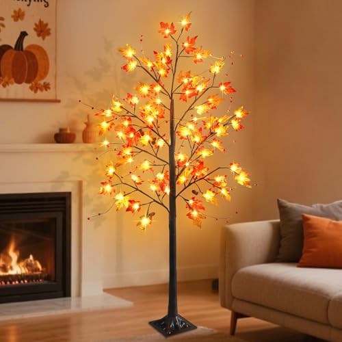 5FT Lighted Maple Tree for Fall & Holiday Decor - Warm White LEDs, Adjustable Branches, Sturdy Base