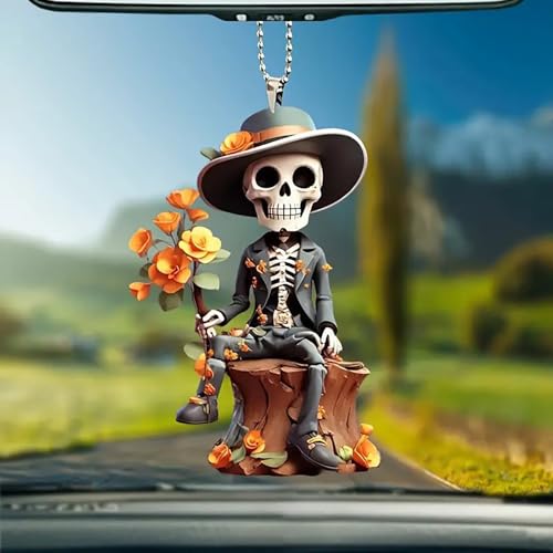 Halloween Skeleton Acrylic Hanging Ornament Set - 2D Flat Car Rearview Mirror Decorations - Variation 2D-2