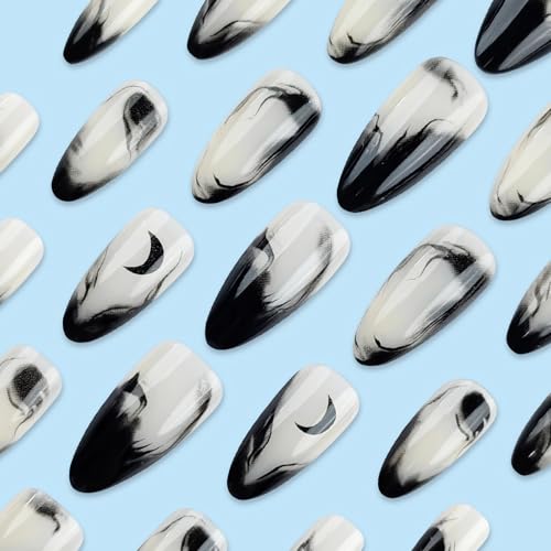 Press On Nails Medium Almond Goth Black Moon Design - 24 pcs with Glue - Variation 10701Black