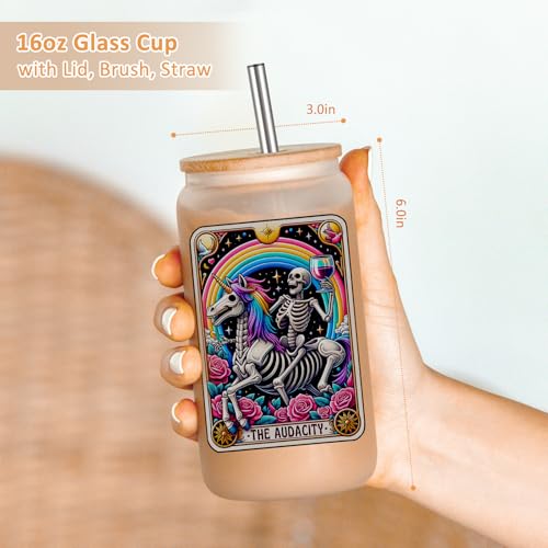 16oz Frosted Glass Coffee Cup with Lid & Straw - Cute Gothic Skeleton Design