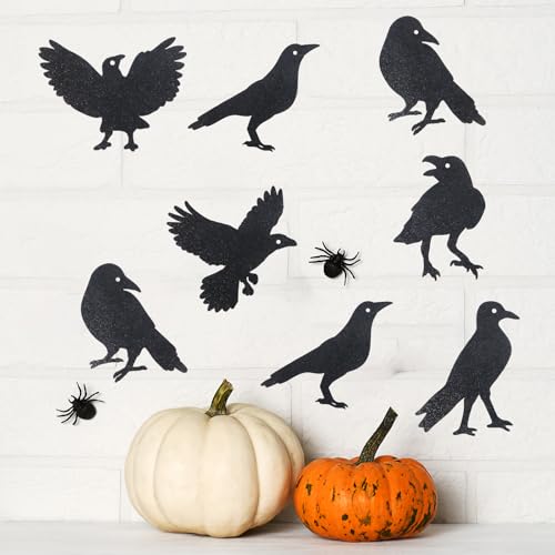 Black Crow Wall Decals - Glitter Halloween Bird Silhouette Stickers for Home & Party Decor