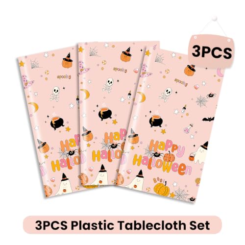 Halloween Tablecloths Set of 3 Pink Ghost Boo Theme Waterproof Disposable Party Decor