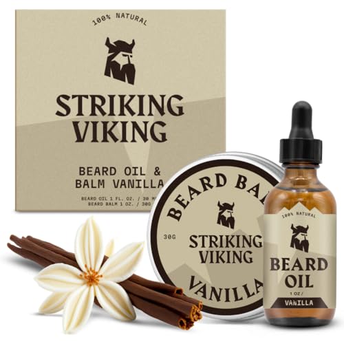 Striking Viking Beard Oil and Balm - Leave in Beard Conditioner - Tames, Styles, Softens, and Moisturizes Beards and Mustache - Made with All Natural and Organic Argan and Jojobo Oils, Vanilla