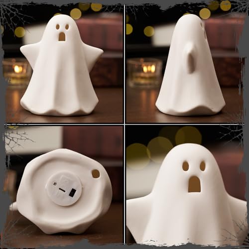 Light Up Ghost Halloween Decor - White Ceramic 5-Inch Halloween Table Figurine — Cute & Spooky Party Decor