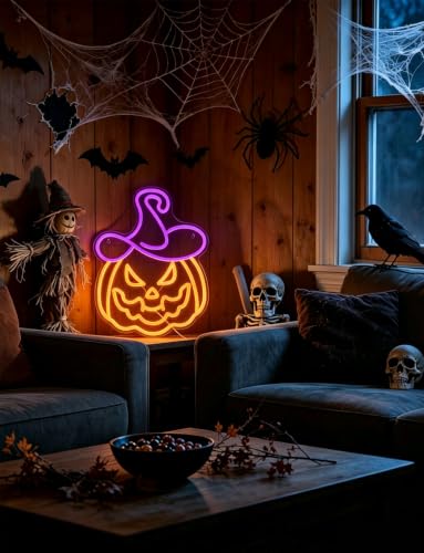 Halloween Neon Sign Pumpkin Witch Hat Variation - Spooky Party Decor