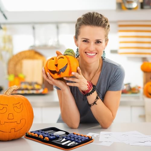 Halloween Pumpkin Carving Kit with 10 Stainless Steel Tools & Stencils - Blue