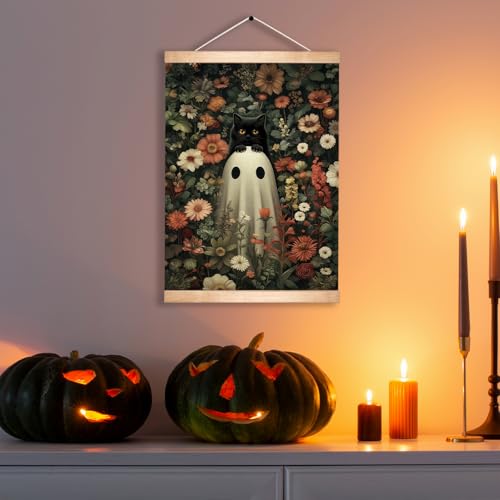 Ghost and Black Cat Gothic Wall Art Canvas - Colorful Halloween Decor, 18.5x14 Inch - Ghost01