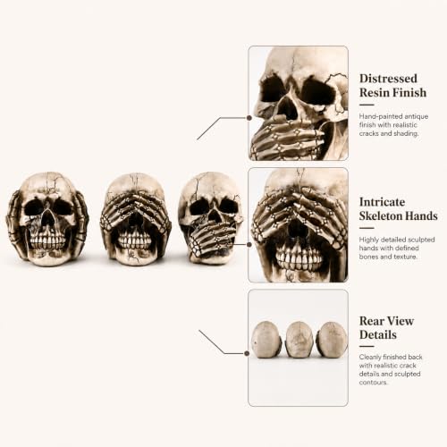 3-Piece Gothic Skull Statues Set - Hear See Speak No Evil Figurines
