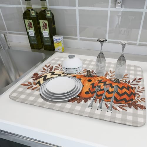 Halloween Dish Drying Mat for Kitchen Counter - Pumpkin Brown Leaves 18x24 Inches