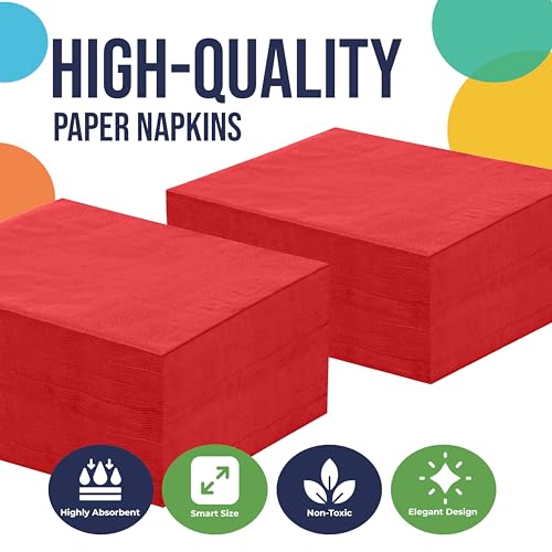 Party Solids Red Luncheon Paper Napkins Bulk 300 Pcs - Disposable, 2-Ply, Absorbent for Parties