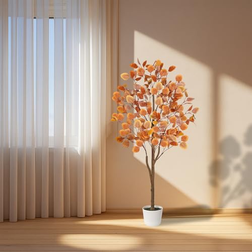 Artificial Eucalyptus Tree 4ft Fall Tree for Indoor Outdoor Porch Entryway - Orange Potted Fake Plants