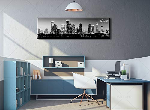 Black & White Houston Skyline Canvas Wall Art 13.8 x 47.3 Inches - Houston2 Variation